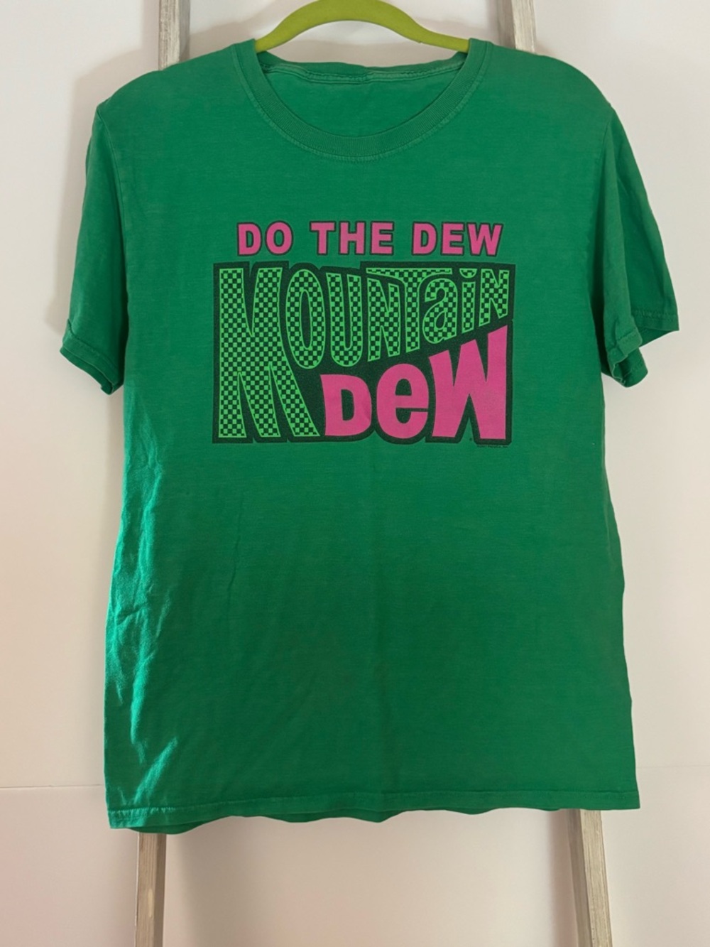 Skater style Green Pink & Black Mountain Dew Graphic tee, checkered print, Y2K